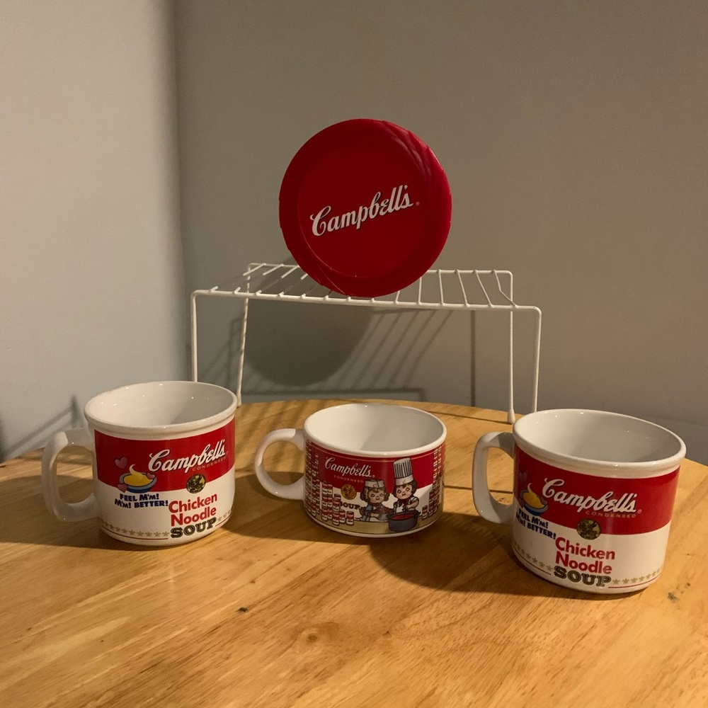 3 Vintage Campbell’s Soup / Coffee Mugs And Plastic Soup Container